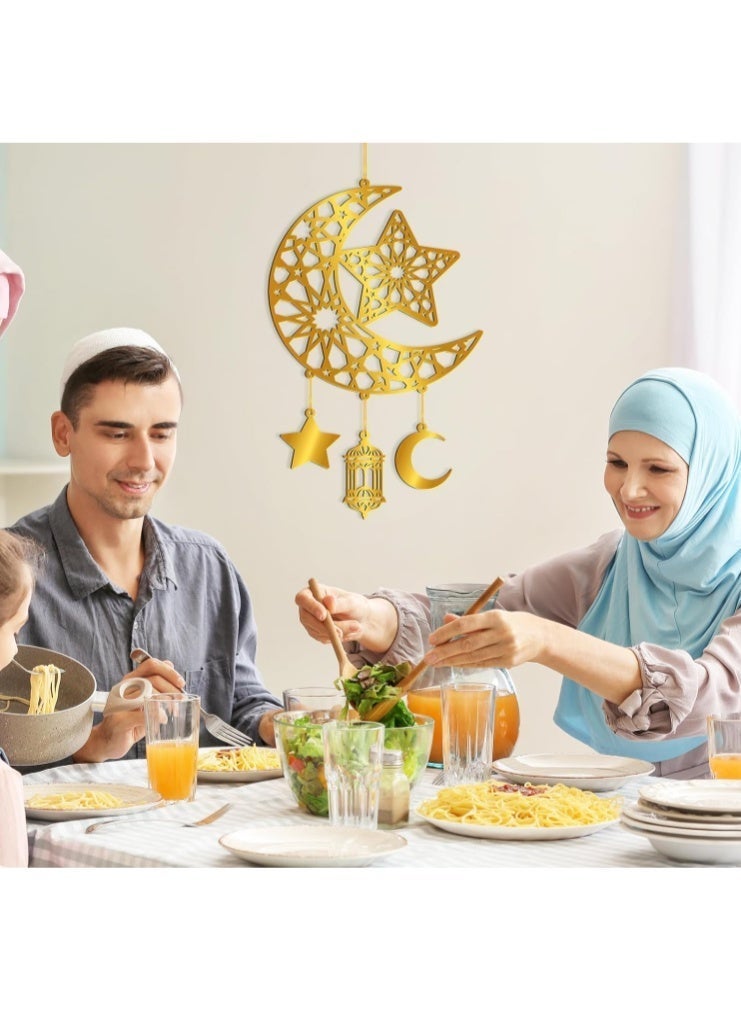 2PCS Ramadan Mubarak Hanging Decorations, Acrylic Ramadan Door Wreath Ramadan Mubarak Islamic Wall Decor Hollow Moon and Star Front Door Wall Signs, Muslim Sign Eid Mubarak Kareem Ornaments Hanging for Home Party - Image 4