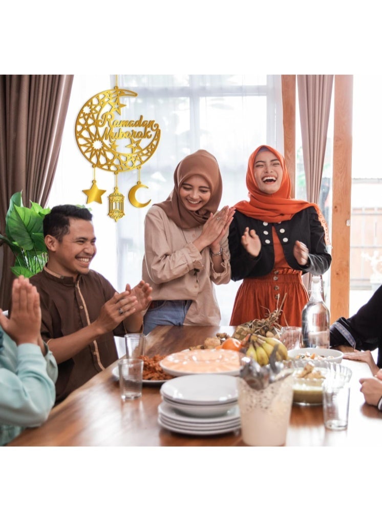 2PCS Ramadan Mubarak Hanging Decorations, Acrylic Ramadan Door Wreath Ramadan Mubarak Islamic Wall Decor Hollow Moon and Star Front Door Wall Signs, Muslim Sign Eid Mubarak Kareem Ornaments Hanging for Home Party - Image 3