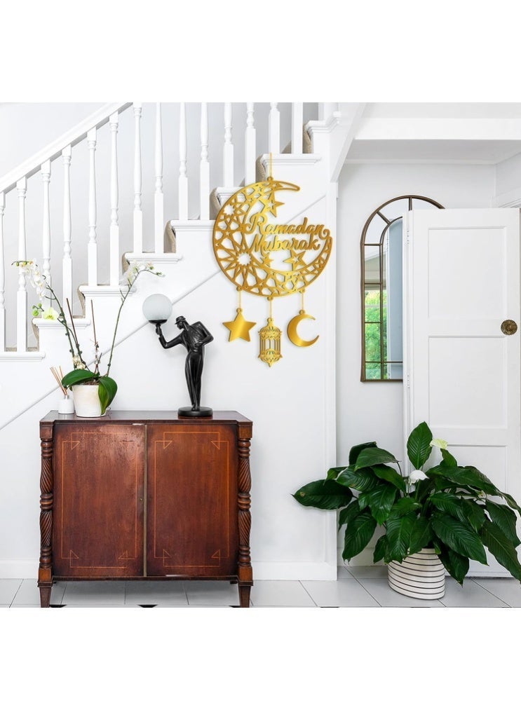 2PCS Ramadan Mubarak Hanging Decorations, Acrylic Ramadan Door Wreath Ramadan Mubarak Islamic Wall Decor Hollow Moon and Star Front Door Wall Signs, Muslim Sign Eid Mubarak Kareem Ornaments Hanging for Home Party - Image 5