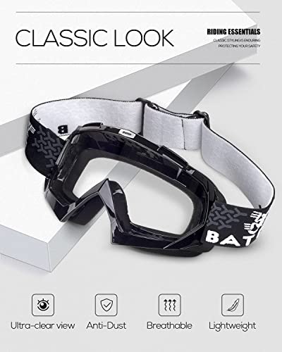 BATFOX Dirt Bike ATV Goggles Motorcycle Glasses Riding Motocross 4-Wheeler MX DH Accessories for Men Women Youth UV Protection Safety Dust-Proof Anti-Slip Strap(Clear-Black) - Image 2