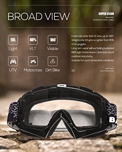 BATFOX Dirt Bike ATV Goggles Motorcycle Glasses Riding Motocross 4-Wheeler MX DH Accessories for Men Women Youth UV Protection Safety Dust-Proof Anti-Slip Strap(Clear-Black) - Image 5