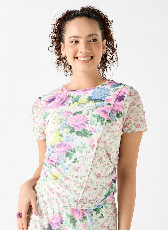 Splash FAV Floral Print T-shirt with Ruched Detail