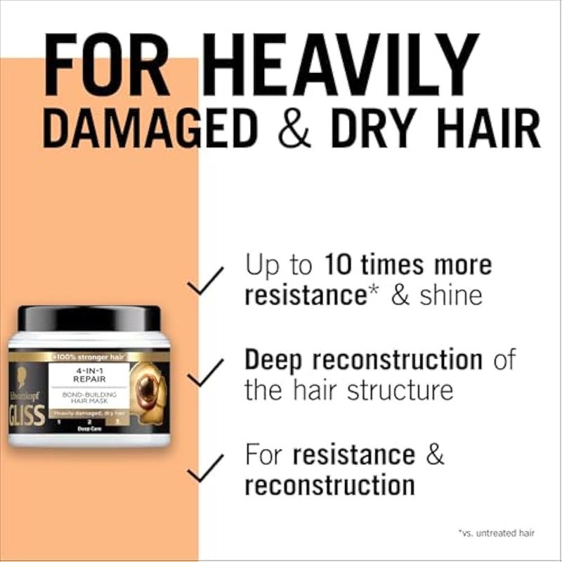 Gliss 4-in-1 Repair Bond-Building Hair Mask, 400ml — Transform your hair's durability with this mask, aimed at repairing hair and improving elasticity for lasting strength - Image 4