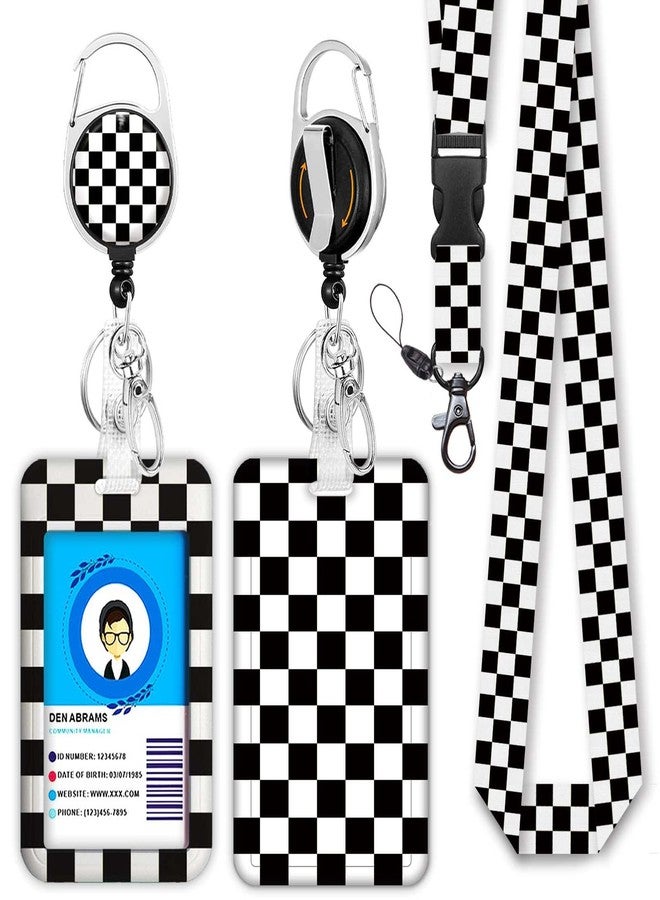 GIANCOMICS Black and White Checkered Lanyards for Id Badges, Cute Badge Reel Heavy Duty with Carabiner Clip, Fashionable ID Badge Holder with Breakaway Lanyard, Teacher Nurse Office Christmas Gifts - Image 1