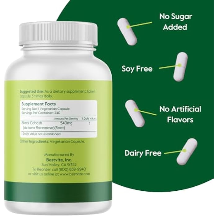 BESTVITE Black Cohosh 540mg (240 Vegetarian Capsules) - No Stearates - No Fillers - Vegan - Non GMO - Gluten Free - Image 2