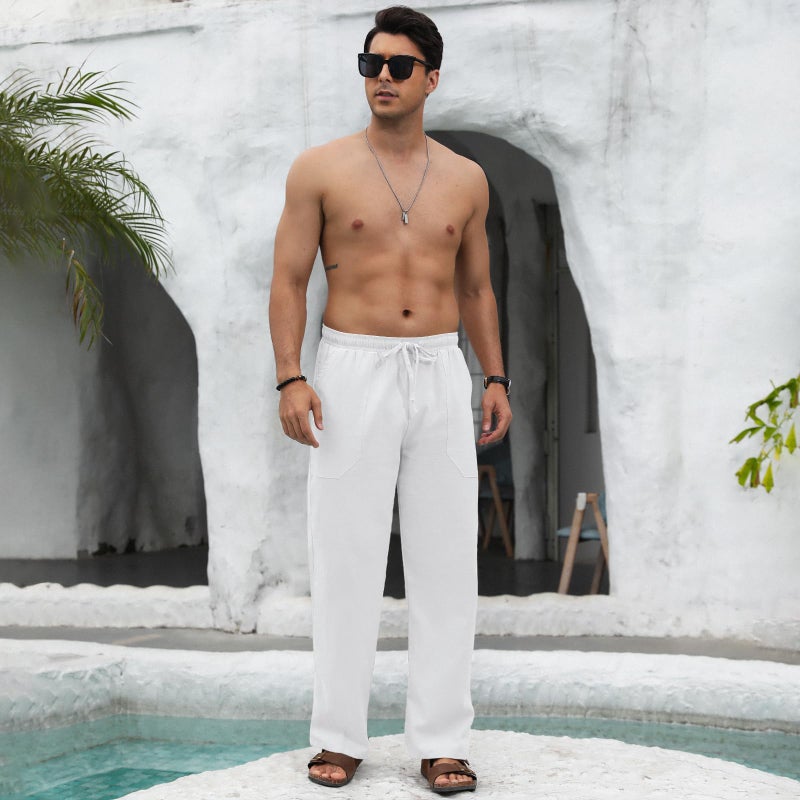 Puimentiua Cotton Linen Pants Men Casual Loose Fit Elastic Drawstring Waist Summer Beach Pants(White,M) - Image 3