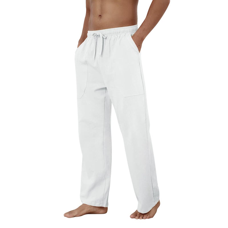 Puimentiua Cotton Linen Pants Men Casual Loose Fit Elastic Drawstring Waist Summer Beach Pants(White,M) - Image 4