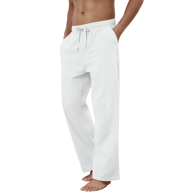 Puimentiua Cotton Linen Pants Men Casual Loose Fit Elastic Drawstring Waist Summer Beach Pants(White,M) - Image 5