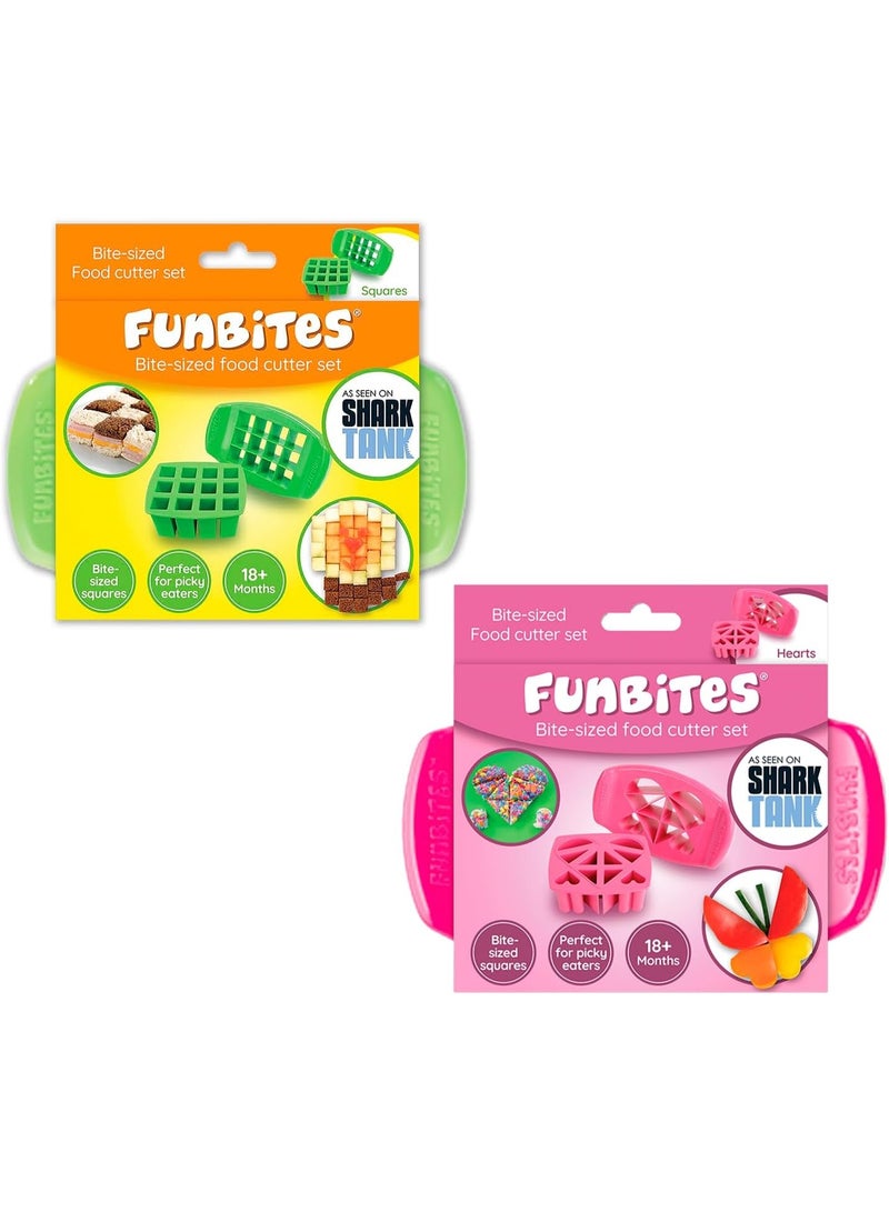 FUNBITES Sandwich Cutter for Kids Lunch, Mini Cookie Cutters, Bento Box Accessories, Cuts Food into Bite-Size Shapes for Toddler Lunch, Great for picky eaters - Green Squares/Pink Hearts 2pk - Image 1