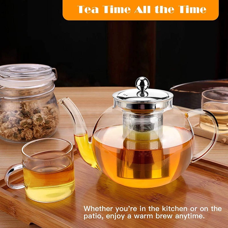 HAPPY BORN Kitchen Heat Resistant Flame Proof Clear Borosilicate Glass Kettle Stove Top Safe Blooming and Loose Tea Pot with Stainless Steel Infuser and Lid 1000 ml Transparent Pack of 1 - Image 4
