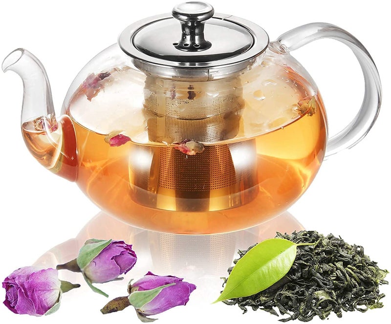 HAPPY BORN Kitchen Heat Resistant Flame Proof Clear Borosilicate Glass Kettle Stove Top Safe Blooming and Loose Tea Pot with Stainless Steel Infuser and Lid 1000 ml Transparent Pack of 1 - Image 1