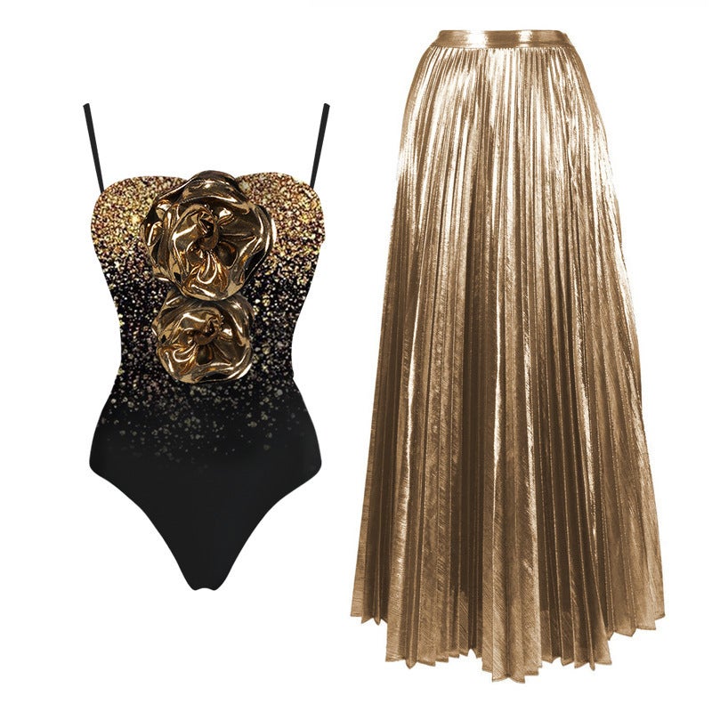 Style Bandeau One-Piece Swimsuit New Model Three-Dimensional Flower Asymmetrical Shoulder Sequin Print One-Piece Style - Image 4