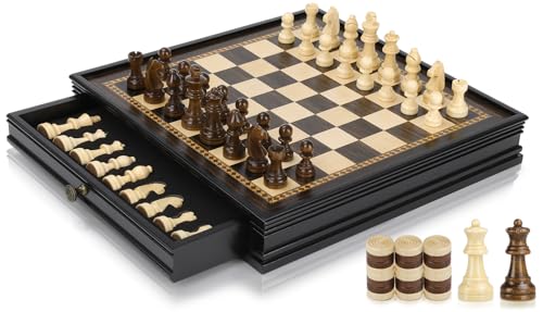 Peradix Magnetic Chess and Checkers Set with 2 Builtin Storage Drawers Classic 2 in 1 Wooden Board Games Magnetic Chess Pieces 2 Extra Queens 128 Chess Set for Adults and Kids Gift Package - Image 1