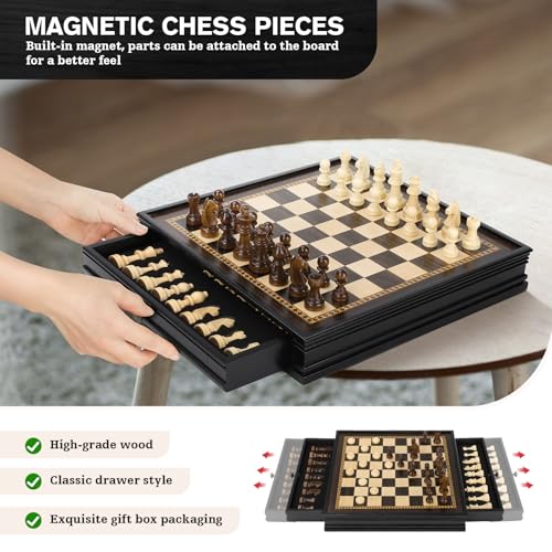 Peradix Magnetic Chess and Checkers Set with 2 Builtin Storage Drawers Classic 2 in 1 Wooden Board Games Magnetic Chess Pieces 2 Extra Queens 128 Chess Set for Adults and Kids Gift Package - Image 5
