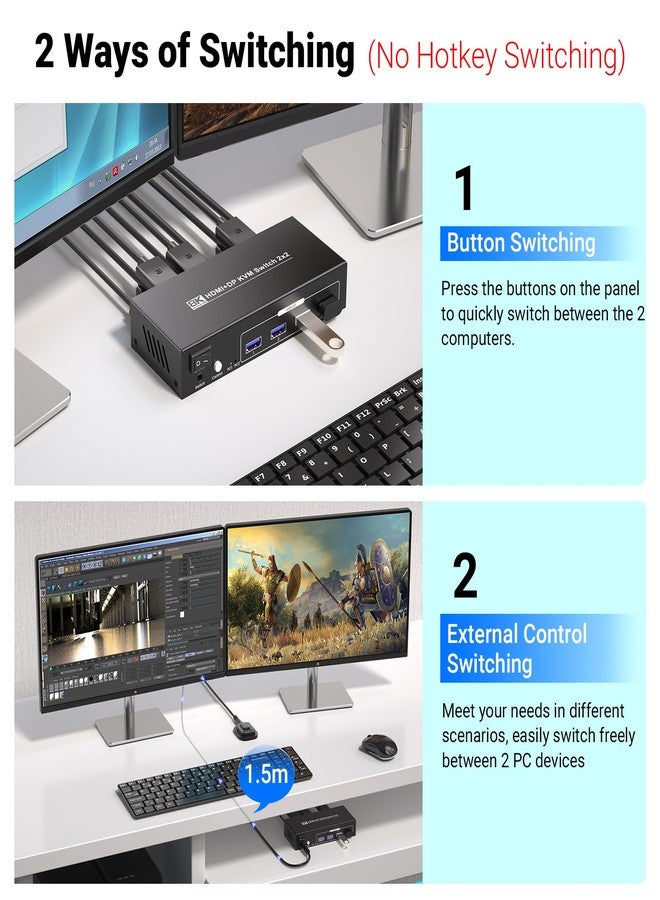 مفتاح KVM ثنائي الشاشة HDMI DisplayPort لشاشتين وجهازَي كمبيوتر، يدعم دقة 8K بمعدل 60 هرتز و4K بمعدل 120 هرتز، مزود بمنفذ USB 3.0، لإدارة جهازَي كمبيوتر عبر لوحة مفاتيح وفأرة وشاشتين. - Image 5