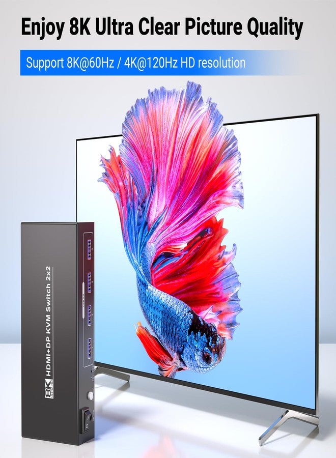مفتاح KVM ثنائي الشاشة HDMI DisplayPort لشاشتين وجهازَي كمبيوتر، يدعم دقة 8K بمعدل 60 هرتز و4K بمعدل 120 هرتز، مزود بمنفذ USB 3.0، لإدارة جهازَي كمبيوتر عبر لوحة مفاتيح وفأرة وشاشتين. - Image 3