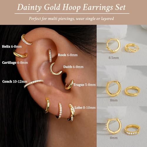 Poxtex Small 14K Gold Plated Huggie Hoop Earrings Set for Women, Hypoallergenic Trendy Twisted Hoops for Multiple Piercings, Dainty Cute Mini Lightweight Cartilage Jewelry Gift for Sensitive Ears - Image 4