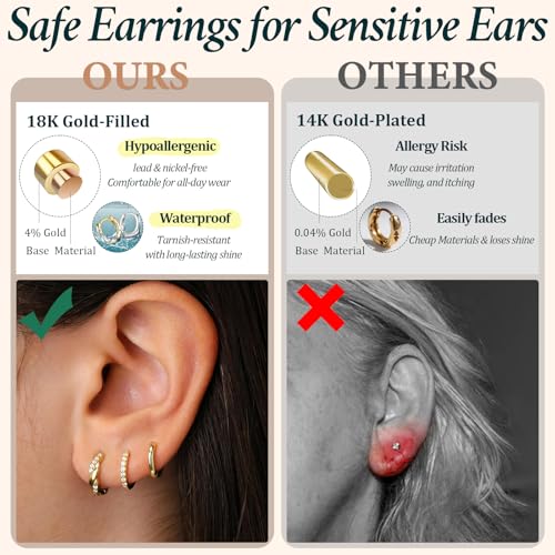 Poxtex Small 14K Gold Plated Huggie Hoop Earrings Set for Women, Hypoallergenic Trendy Twisted Hoops for Multiple Piercings, Dainty Cute Mini Lightweight Cartilage Jewelry Gift for Sensitive Ears - Image 3