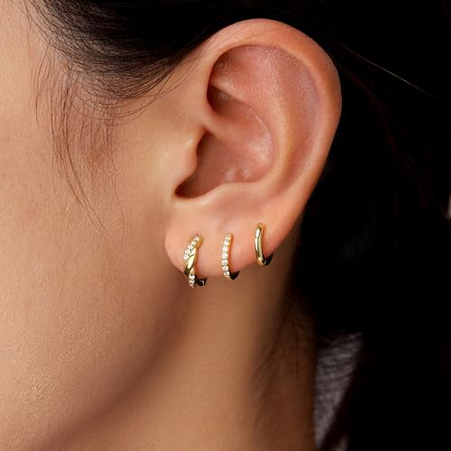 Poxtex Small 14K Gold Plated Huggie Hoop Earrings Set for Women, Hypoallergenic Trendy Twisted Hoops for Multiple Piercings, Dainty Cute Mini Lightweight Cartilage Jewelry Gift for Sensitive Ears - Image 2