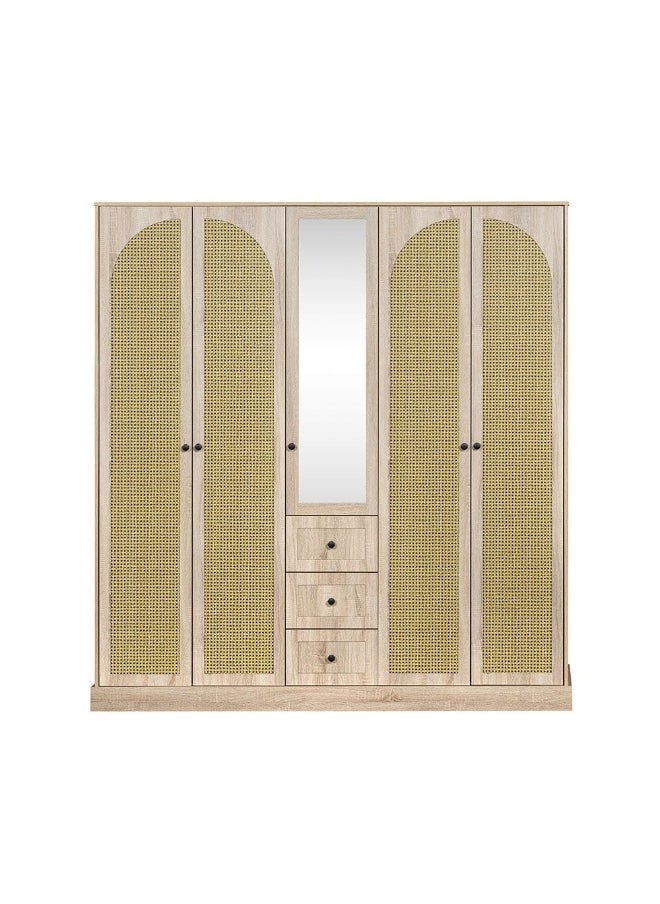 DANUBE HOME Bali 5 Door Wardrobe With 3 Drawers And Mirror Sturdy Closet Clothes Storage Cupboard Modern Design Space Saving Swing Door Cabinet For Bedroom L199Xw55Xh210Cm - Light Oak  - Image 1