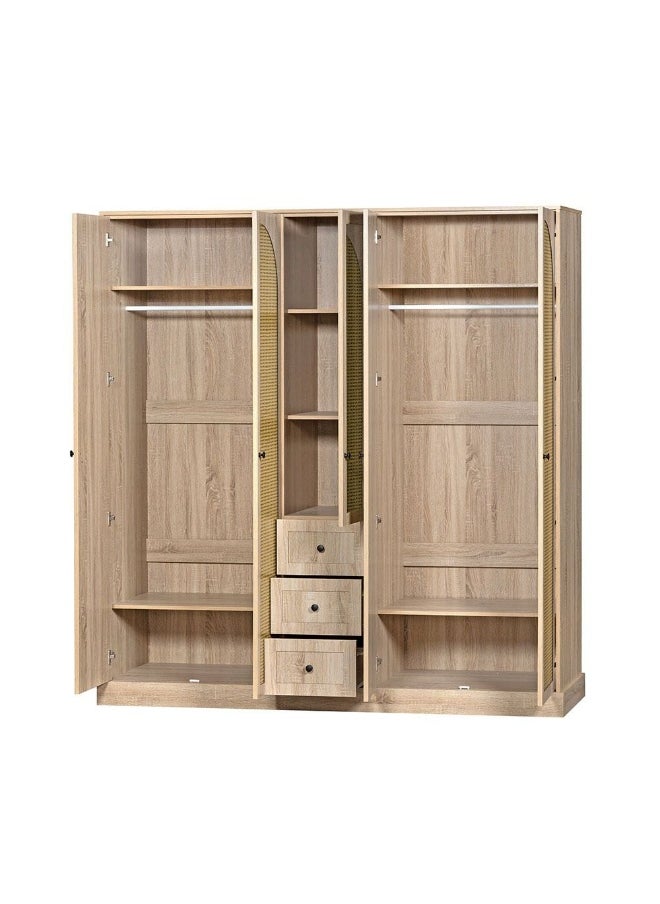 DANUBE HOME Bali 5 Door Wardrobe With 3 Drawers And Mirror Sturdy Closet Clothes Storage Cupboard Modern Design Space Saving Swing Door Cabinet For Bedroom L199Xw55Xh210Cm - Light Oak  - Image 2