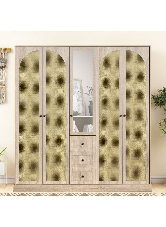 DANUBE HOME Bali 5 Door Wardrobe With 3 Drawers And Mirror Sturdy Closet Clothes Storage Cupboard Modern Design Space Saving Swing Door Cabinet For Bedroom L199Xw55Xh210Cm - Light Oak  - Image 4