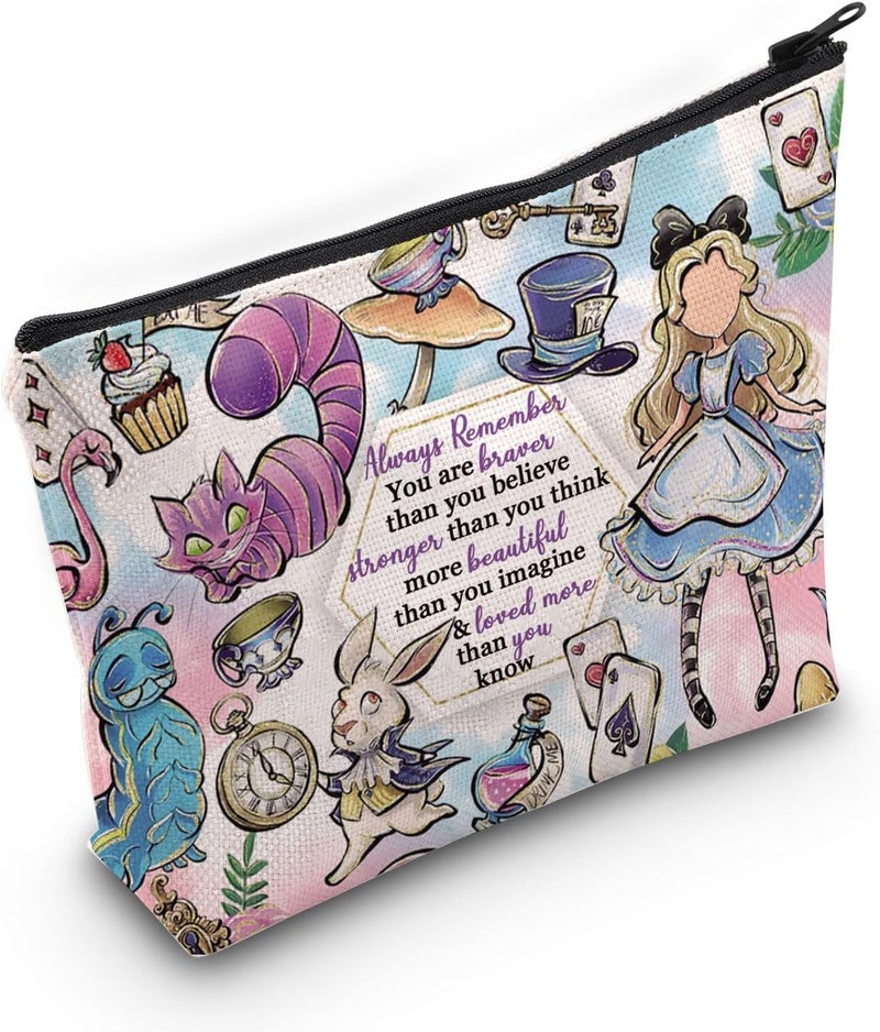 LEVLO Alice Movie Cosmetic Makeup Bag Fairy Tale Fans Gift Braver Stronger Smarter Makeup Zipper Pouch Bag for Women Girls