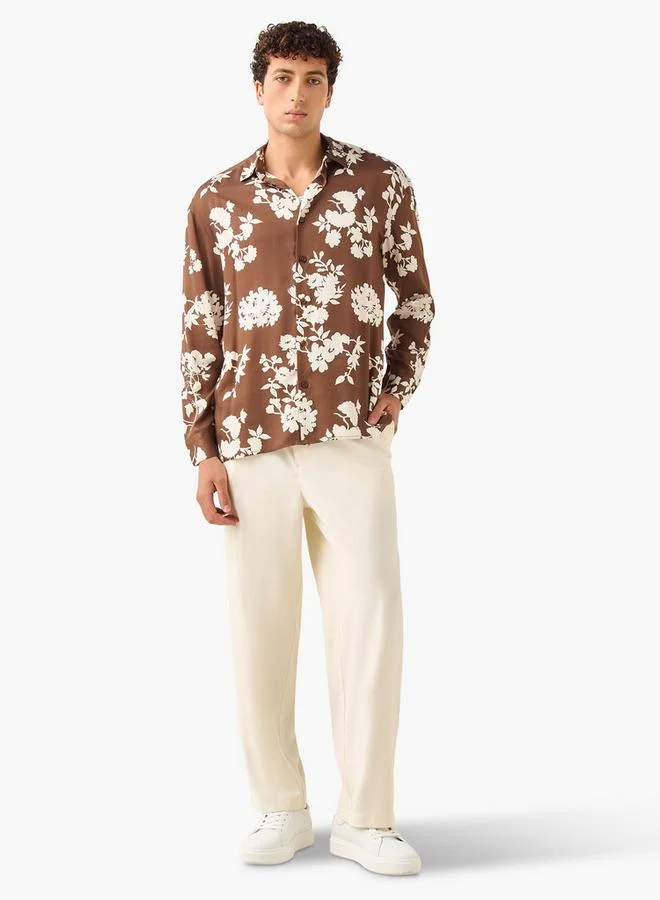 Iconic Iconic Regular Fit Floral Print Shirt with Collar and Long Sleeves
