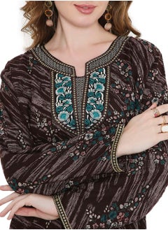 HANA & SARA LONG VISCOSE MULTICOLOR DRESS PRINTED WITH A UNIQUE FLOWER DESIGN ARABIC KAFTAN JALABIYA  - Image 3
