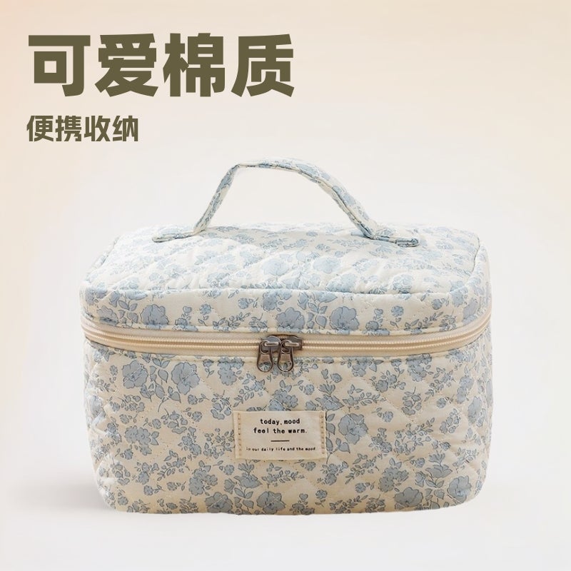 Blue Printed Cosmetic Bag, Cute Cotton Cosmetic Bag, Niche Portable Toiletry Storage Bag, Hand-Held Cosmetic Bag With Large Capacity - Image 3