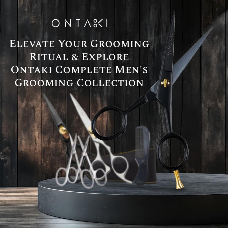 Ontaki مقص لحية وشوارب أونتاكي 5 بوصة ألماني - 2 مشط (مشط لحية + مشط شارب) مع حقيبة حمل - مقص تقليم لحية مصنوع يدويًا مع دعم للأصابع (أسود (صلب ألماني 410C)) - Image 5