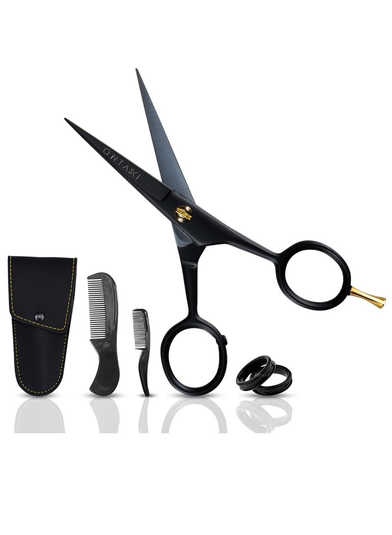 Ontaki ONTAKI 5” German Beard Scissors & Mustache Scissors - 2 Combs (Beard Comb + Mustache Comb) with Carrying Pouch - Hand Forged Beard Trimming Scissors with Finger Rest (Black (410C German Steel)) - Image 1