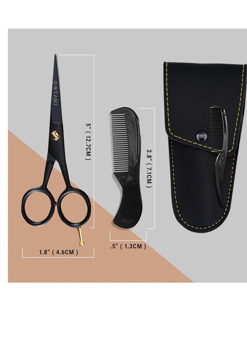 Ontaki ONTAKI 5” German Beard Scissors & Mustache Scissors - 2 Combs (Beard Comb + Mustache Comb) with Carrying Pouch - Hand Forged Beard Trimming Scissors with Finger Rest (Black (410C German Steel)) - Image 2