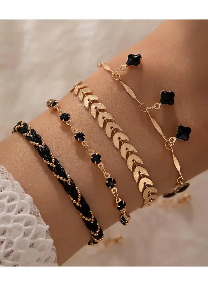 Goolsky 4pcs Black Color Thin Chain Bracelet Set Hip Hop Style Zinc Alloy Hand Chain Bracelet Set For Women  - Image 1