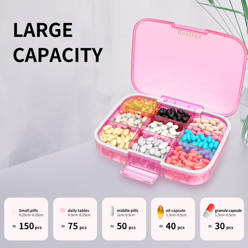Restree Pill Organizer, Large & Waterproof Travel Pill Case, Adjustable Dividers for Daily Vitamins, Supplements, Fish Oil - Portable Medicine Box for Home & On-The-Go, 9 Compartment (Pink) - Image 5