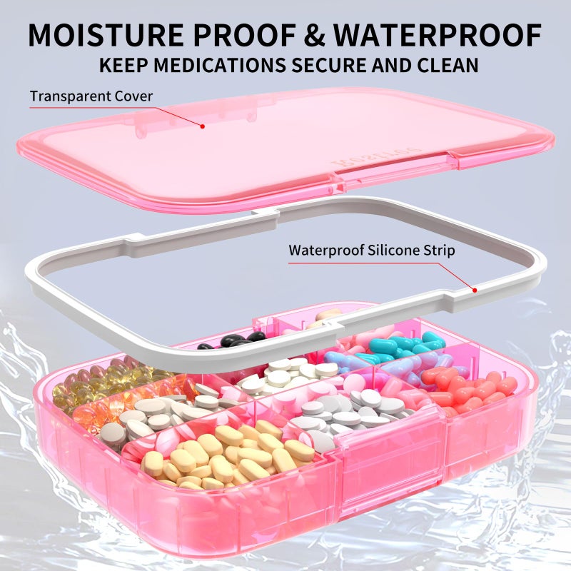 Restree Pill Organizer, Large & Waterproof Travel Pill Case, Adjustable Dividers for Daily Vitamins, Supplements, Fish Oil - Portable Medicine Box for Home & On-The-Go, 9 Compartment (Pink) - Image 4