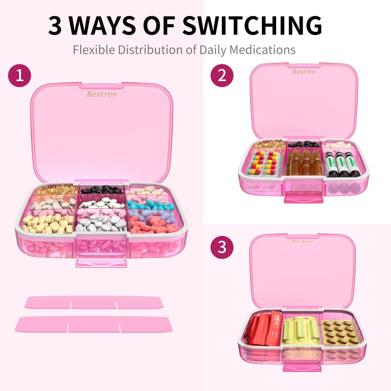 Restree Pill Organizer, Large & Waterproof Travel Pill Case, Adjustable Dividers for Daily Vitamins, Supplements, Fish Oil - Portable Medicine Box for Home & On-The-Go, 9 Compartment (Pink) - Image 3