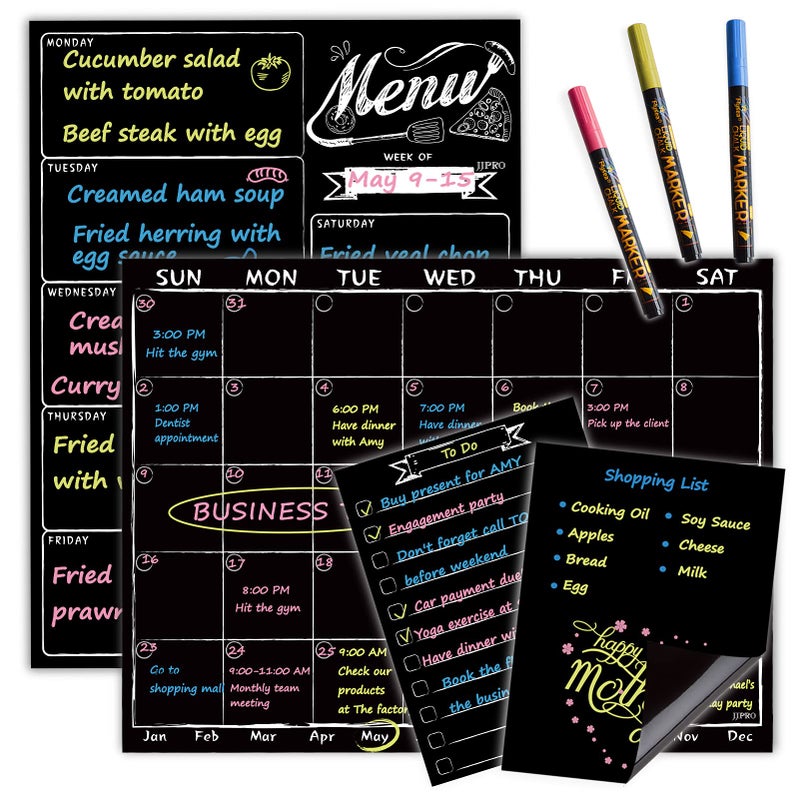 JJPRO Magnetic Chalkboard Monthly Calendar - Weekly Meal Planning Blackboard Combo Set with Neon Bright Liquid Chalk Markers - Bonus Grocery List and Notepad Blackboard for Refrigerator Included - Image 1