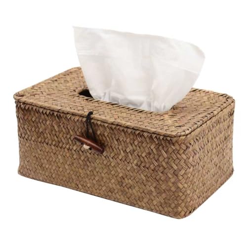 Shonmogar Country Rustic Seagrass & Metal Rectangle Tissue Box Cover, Woven Tissue Box Holder with Lid, Wicker Tissue Holder for Bathroom Toilet Living Room Bedroom Table Desk Home Office Car, Coffee - Image 1