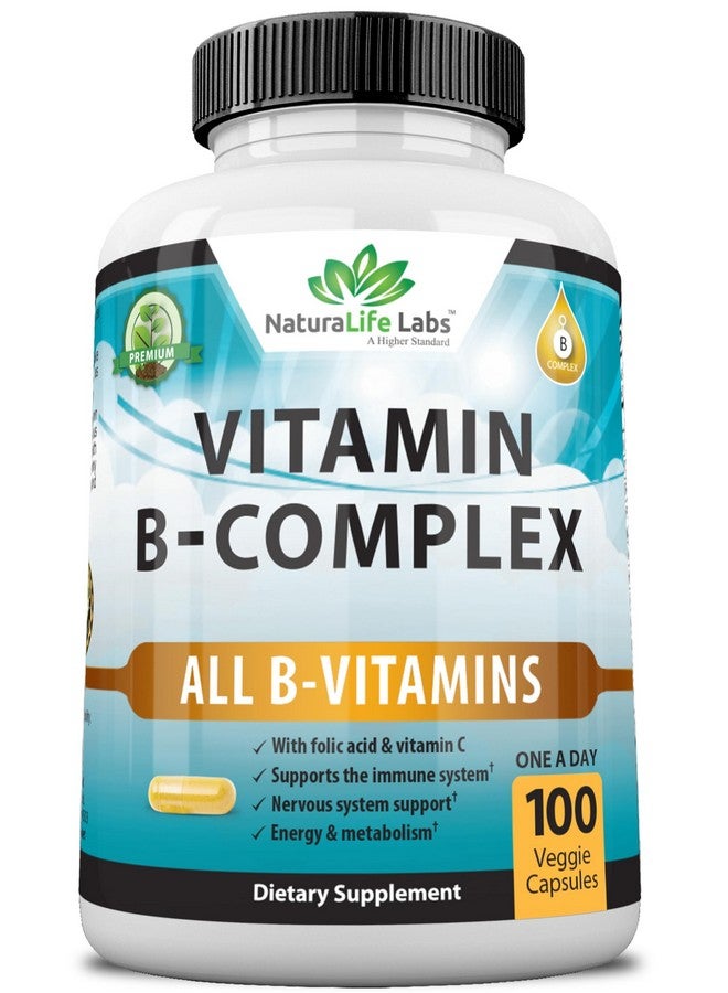NaturaLife Labs Vitamin B Complex with Vitamin C and Folic Acid - B12, B1, B2, B3, Vitamin B5 Pantothenic Acid, B6, B7, B9 - Nervous System Support 100 Veggie Capsules - Image 1