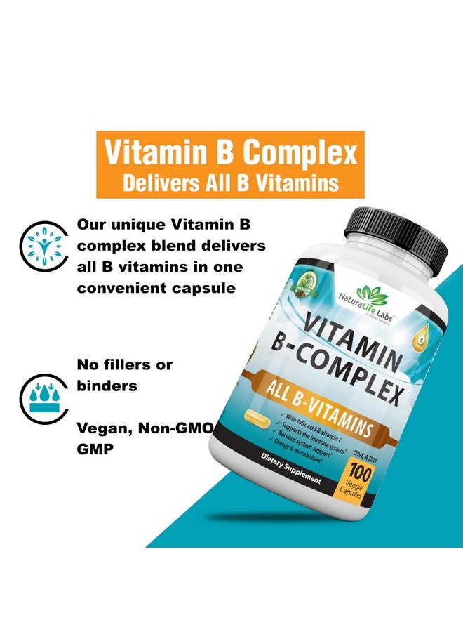 NaturaLife Labs Vitamin B Complex with Vitamin C and Folic Acid - B12, B1, B2, B3, Vitamin B5 Pantothenic Acid, B6, B7, B9 - Nervous System Support 100 Veggie Capsules - Image 4