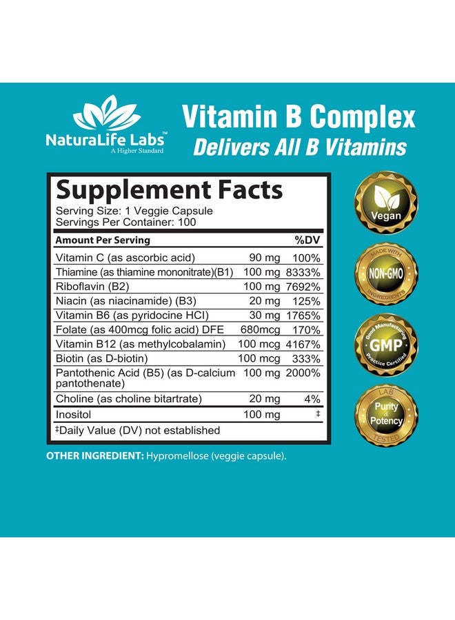 NaturaLife Labs Vitamin B Complex with Vitamin C and Folic Acid - B12, B1, B2, B3, Vitamin B5 Pantothenic Acid, B6, B7, B9 - Nervous System Support 100 Veggie Capsules - Image 2