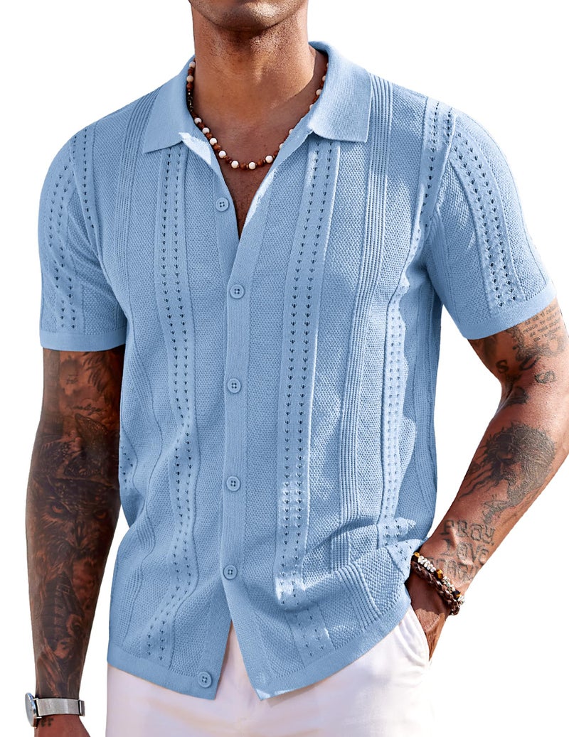 COOFANDY Mens Knit Button Up Shirt Short Sleeve Cuban Guayabera Shirts Lightweight Knitting Golf Shirts Light Blue Large - Image 2
