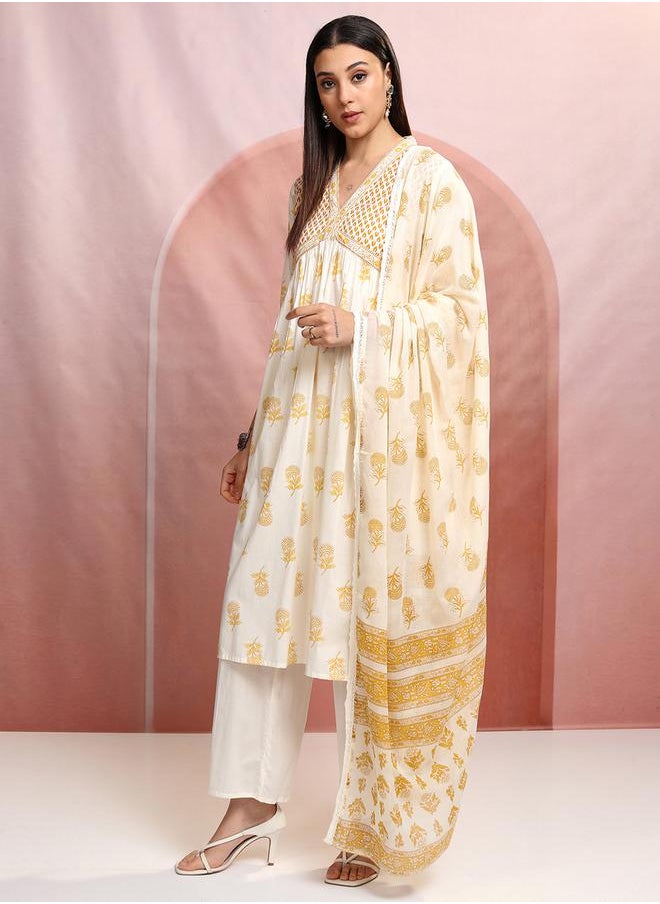 Vishudh - White Floral Printed V-Neck Cotton Kurta Set with Dupatta by Styli - Image 1