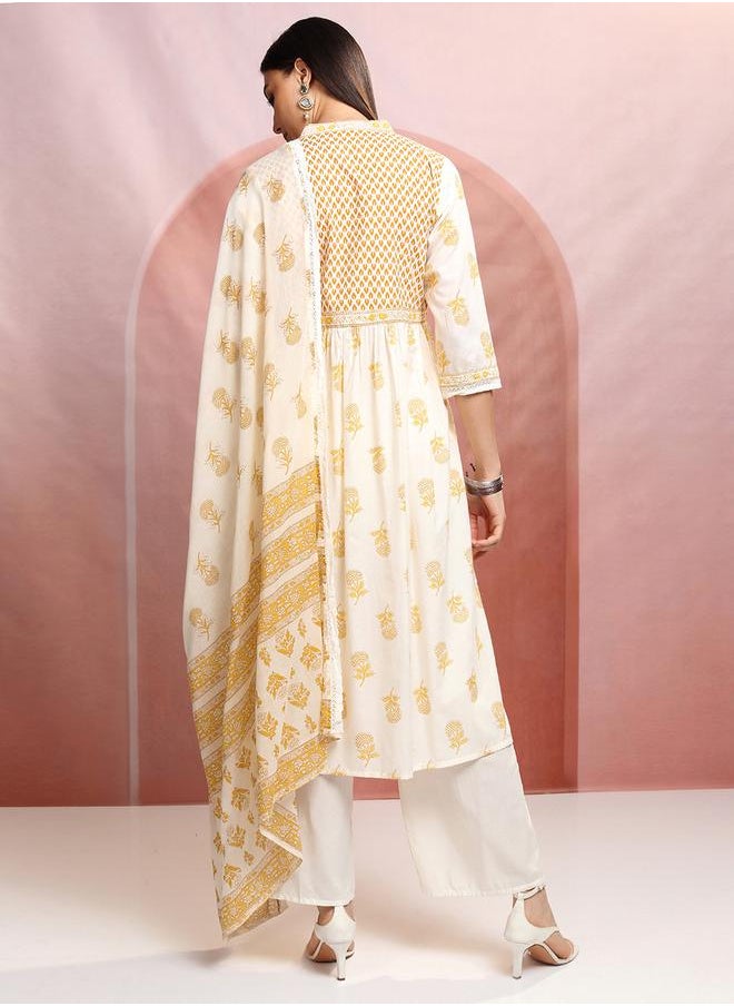 Vishudh - White Floral Printed V-Neck Cotton Kurta Set with Dupatta by Styli - Image 1