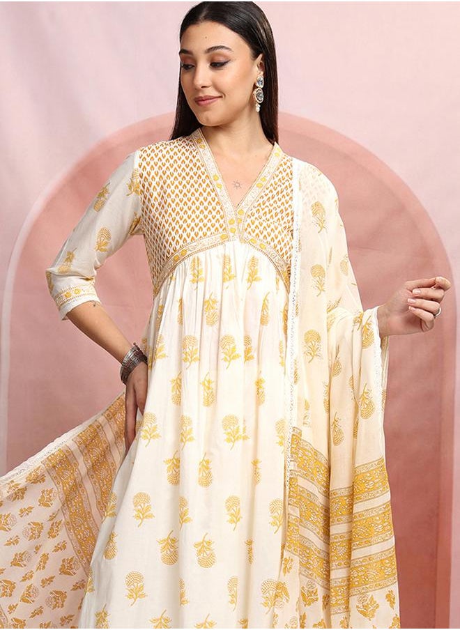 Vishudh - White Floral Printed V-Neck Cotton Kurta Set with Dupatta by Styli - Image 1