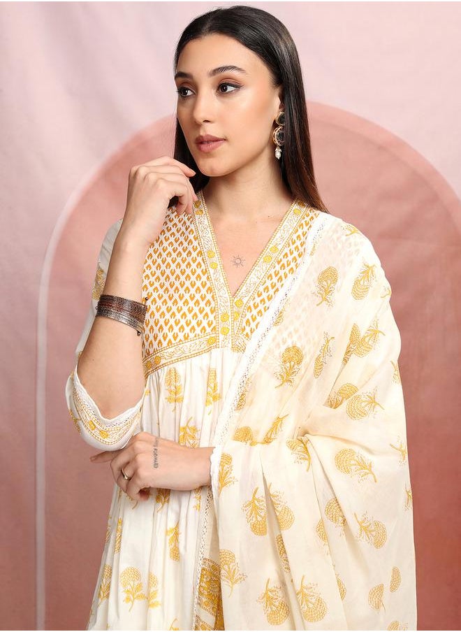 Vishudh - White Floral Printed V-Neck Cotton Kurta Set with Dupatta by Styli - Image 1