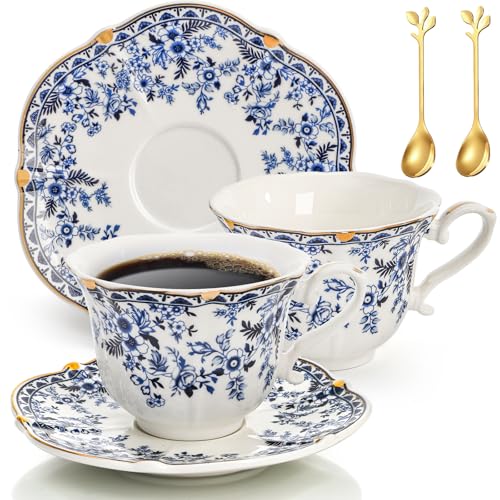 Jowgut Porcelain Tea Cups and Saucers Set of 2, 6 Oz Vintage Country Roses Bone China Tea Cup with Gold Trim, Spoon, 6 Pieces Coffee Cappuccino Mugs for Women, Tea Parties, Wedding Gifts - Image 1