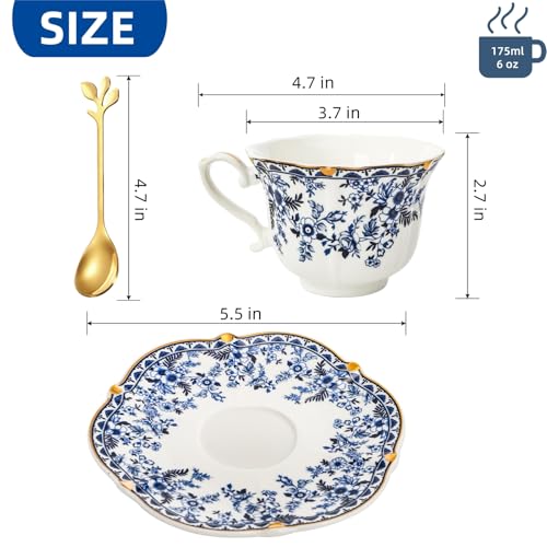 Jowgut Porcelain Tea Cups and Saucers Set of 2, 6 Oz Vintage Country Roses Bone China Tea Cup with Gold Trim, Spoon, 6 Pieces Coffee Cappuccino Mugs for Women, Tea Parties, Wedding Gifts - Image 2