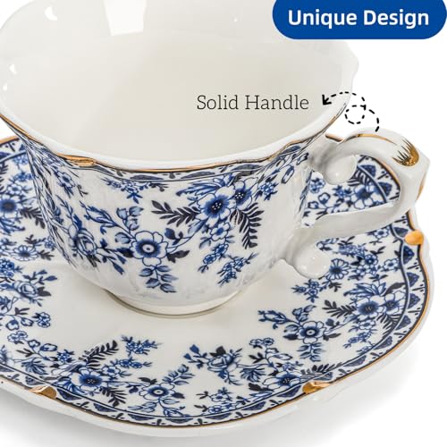 Jowgut Porcelain Tea Cups and Saucers Set of 2, 6 Oz Vintage Country Roses Bone China Tea Cup with Gold Trim, Spoon, 6 Pieces Coffee Cappuccino Mugs for Women, Tea Parties, Wedding Gifts - Image 3